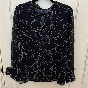 Ann Taylor Navy and White Leaf Print Blouse